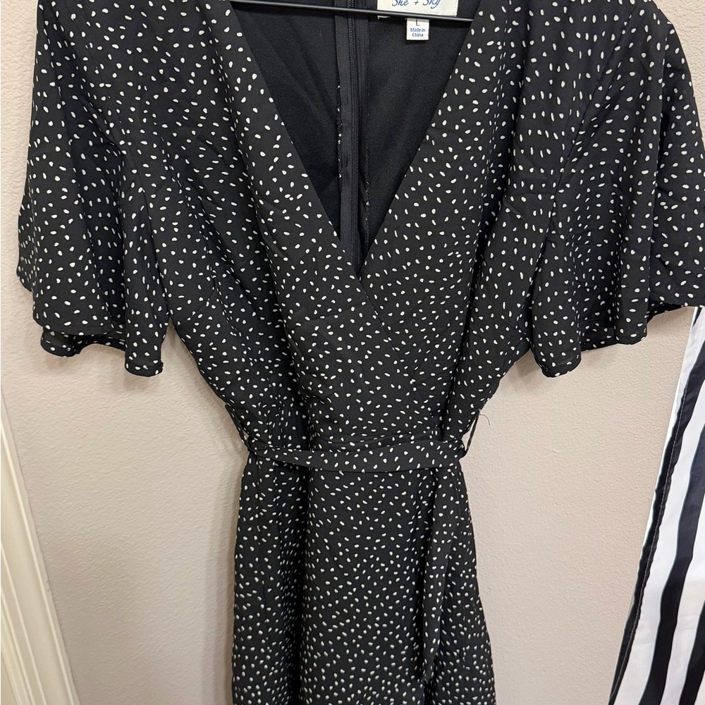 She + Sky Black Wrap Dress with White Dot Print